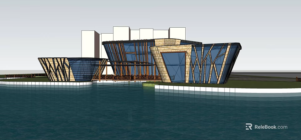 Contemporary Architectural Design With Glass Curtain Walls Wooden Structures And Waterfront Setting 3d model 