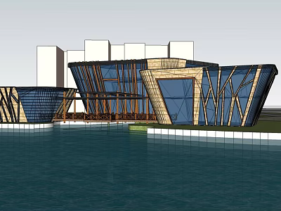 Contemporary Architectural Design With Glass Curtain Walls Wooden Structures And Waterfront Setting 3d model