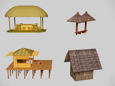 Traditional Thatched Roof Scene Components With Pavilion Hut Designs Wooden Tables And Seating 3d model
