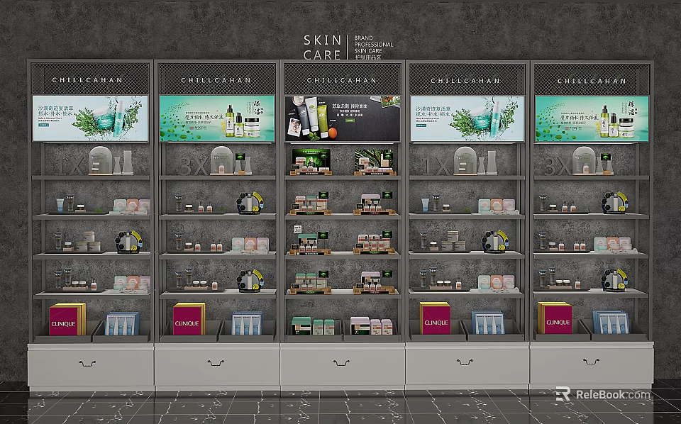 Elegant Retail Display Shelves Organized With Skin Care Products And Green Decorative Banners 3d model 