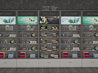 Elegant Retail Display Shelves Organized With Skin Care Products And Green Decorative Banners 3d model
