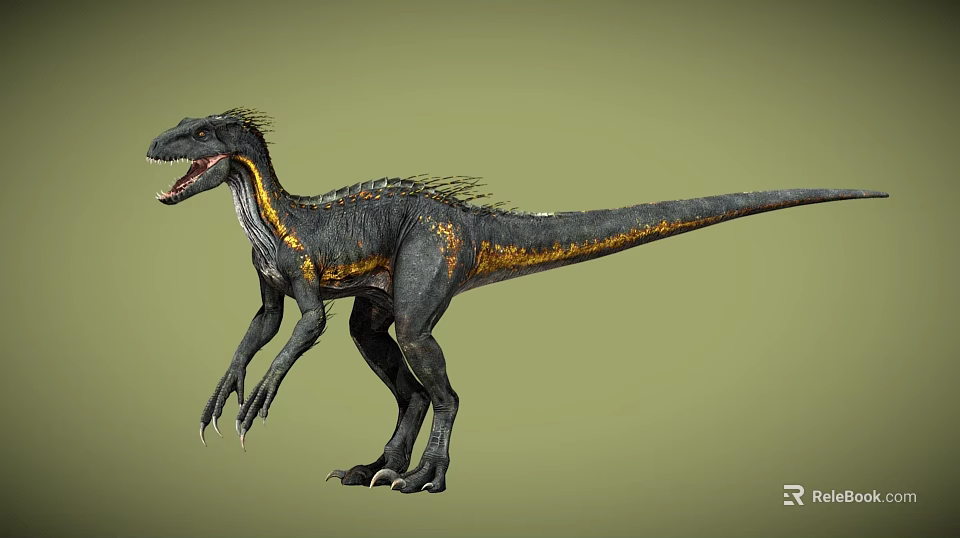 Detailed Feathered Dinosaur Figure With Black Yellow Stripes Sharp Claws Open Mouth 3d model 