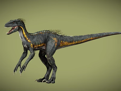 Detailed Feathered Dinosaur Figure With Black Yellow Stripes Sharp Claws Open Mouth 3d model