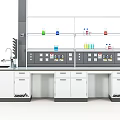 Modern Laboratory Setup With Lab Bench Shelves Colorful Bottles And Cabinets