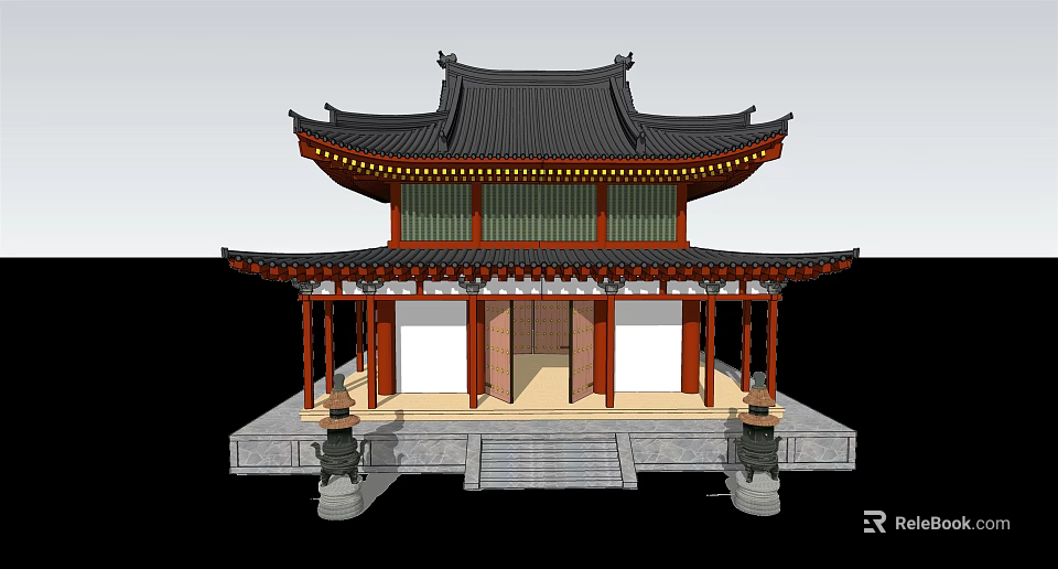 Traditional Chinese Ancient Architecture With Classic Double Eaves Black Tiled Roof And Red Pillars 3d model 
