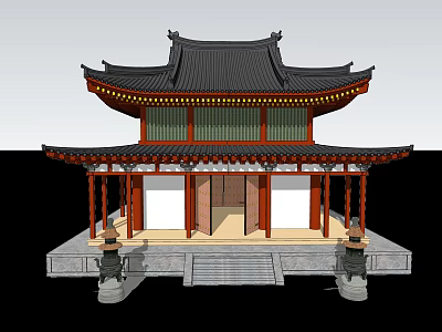 Traditional Chinese Ancient Architecture With Classic Double Eaves Black Tiled Roof And Red Pillars 3d model