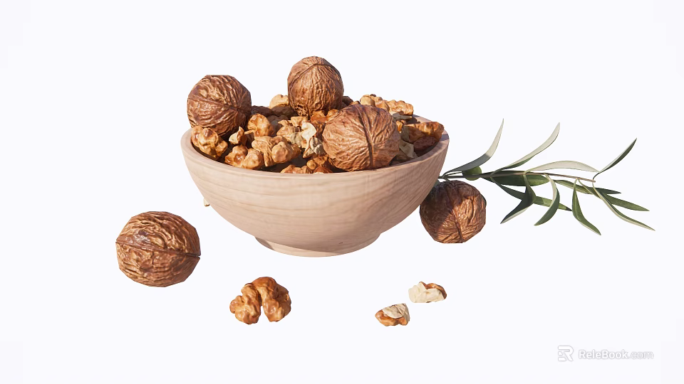 Fresh Walnuts In Wooden Bowl With Shelled Kernels And Olive Branch 3d model 