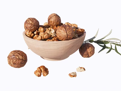 Fresh Walnuts In Wooden Bowl With Shelled Kernels And Olive Branch 3d model