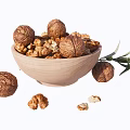 Fresh Walnuts In Wooden Bowl With Shelled Kernels And Olive Branch