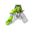 Kids Playground Structure With Green Slide Brown Frame Leaf Pattern And Climbing Net 3d model