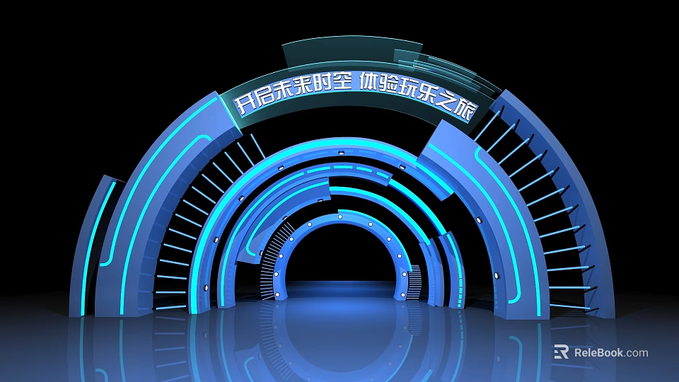 Modern Event Gateway With Arched Blue Illuminated Structure And Tech Design 3d model 