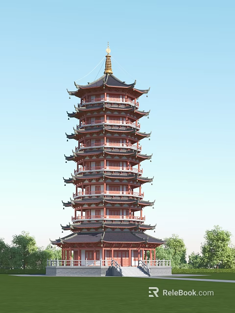 Traditional Chinese Multi Tiered Red Pagoda With Black Roof Curved Eaves And Green Trees 3d model 