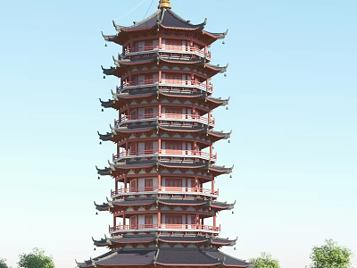 Traditional Chinese Multi Tiered Red Pagoda With Black Roof Curved Eaves And Green Trees 3d model