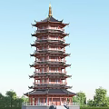 Traditional Chinese Multi Tiered Red Pagoda With Black Roof Curved Eaves And Green Trees