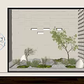 Indoor Garden Miniature Display With Green Plants Stones And Textured Wall