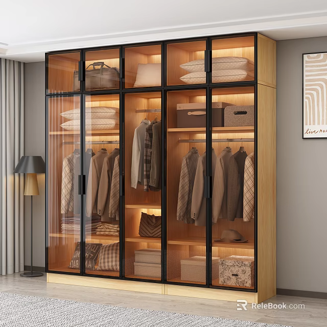 Modern Wooden Wardrobe With Glass Doors And Organized Clothes Storage Interior 3d model 