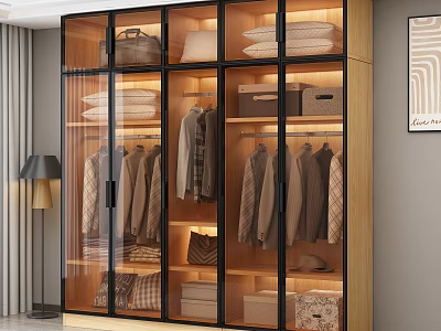 Modern Wooden Wardrobe With Glass Doors And Organized Clothes Storage Interior 3d model