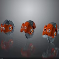 Three Playful Red And Blue Cartoon Robot 3D Models With Big Eyes