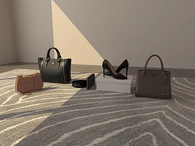Enterprise Exhibition Hall Display Of Luxury Handbags High Heels And Accessories With Striped Carpet 3d model