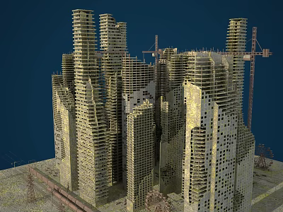Futuristic Skyscraper Construction Site With Unique Geometric Structures And Tower Cranes 3d model