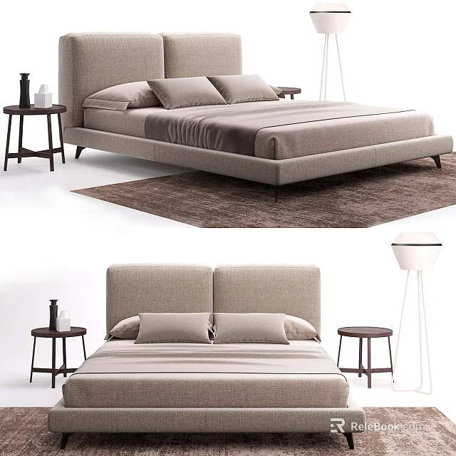 Modern Upholstered Double Bed with Side Tables and Area Rug 3d model