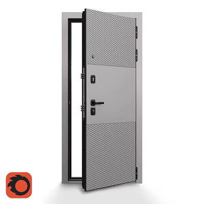 Modern Steel Swing Door With Mesh Panel Gray Finish And Secure Lock Design 3d model