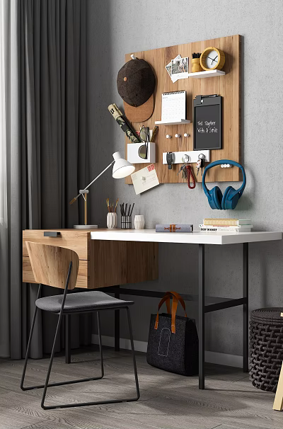 Functional Desk With Wall Bulletin Board Desk Lamp Easel Sketch And Window View 3d model