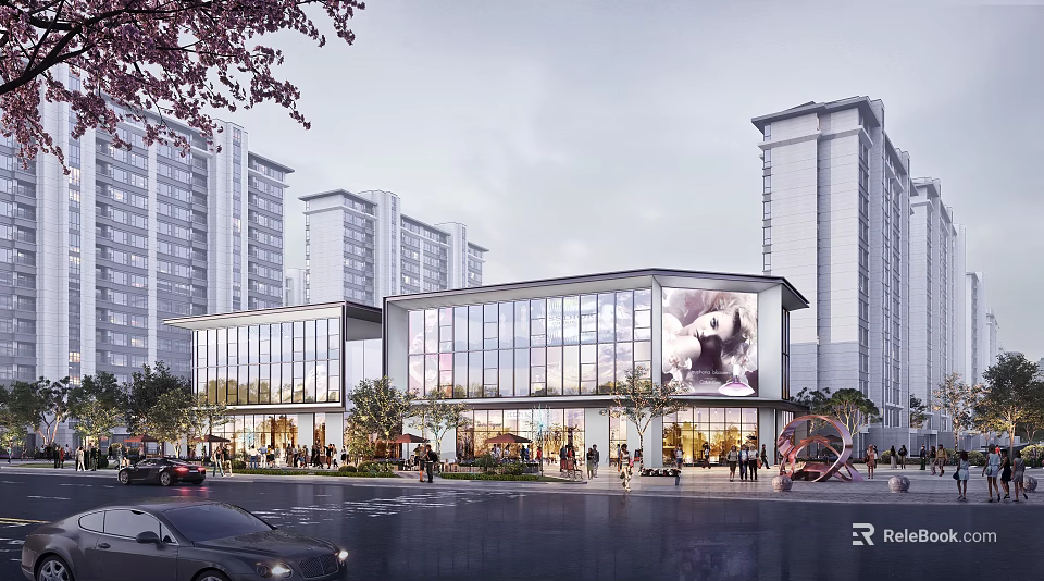 Modern Commercial Street Featuring Glass Facades Large Digital Screen Pedestrians And Surrounding High Rise Buildings 3d model 