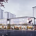 Modern Commercial Street Featuring Glass Facades Large Digital Screen Pedestrians And Surrounding High Rise Buildings