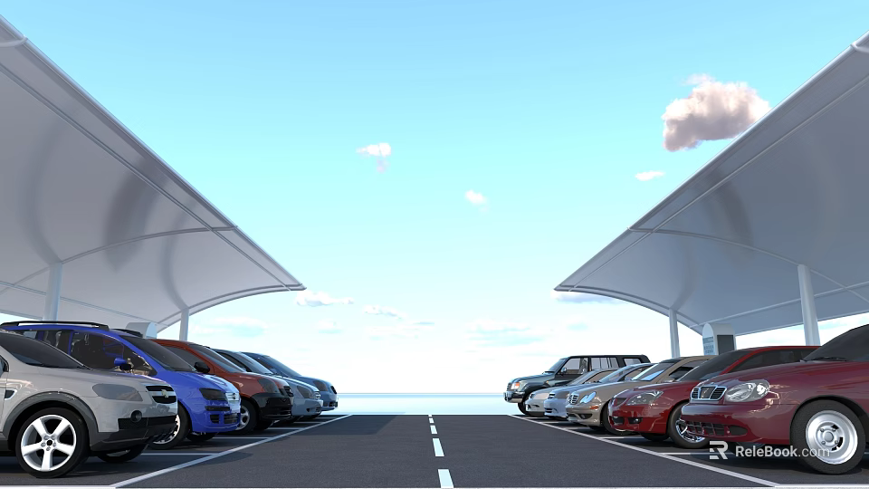 Covered Parking Lot with Well Arranged Cars Under Blue Sky and White Clouds 3d model 