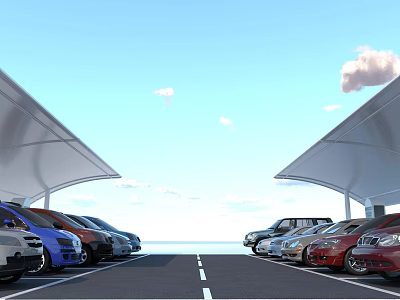 Covered Parking Lot with Well Arranged Cars Under Blue Sky and White Clouds 3d model