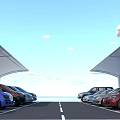 Covered Parking Lot with Well Arranged Cars Under Blue Sky and White Clouds