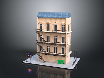 Wooden Multi Storey Building Model With Blue Roof External Stairs And Street Lamps 3d model