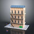 Wooden Multi Storey Building Model With Blue Roof External Stairs And Street Lamps
