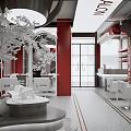 Beauty Salon Interior With Red And White Decor Sofa Tree Plant And Stairs