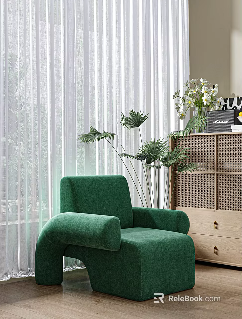 Green Velvet Accent Chair In Living Room With White Curtains Palm Leaves And Woven Cabinet 3d model 