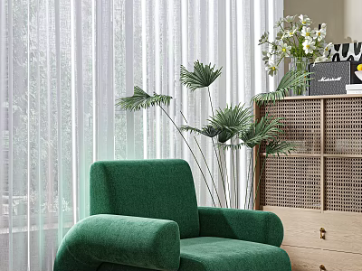 Green Velvet Accent Chair In Living Room With White Curtains Palm Leaves And Woven Cabinet 3d model