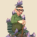 Old Man Sitting On Green Bench With Many Pigeons Around Him 3d model
