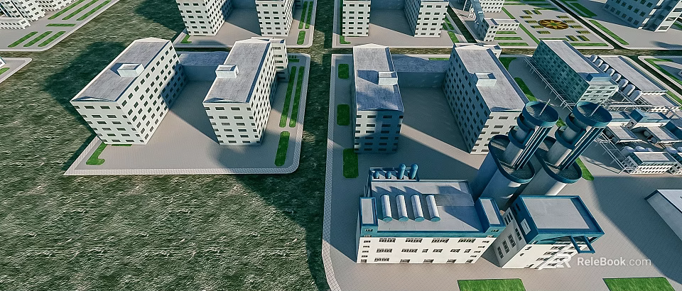 Multiple Industrial Factory Buildings With Symmetrical Layout And Green Surroundings 3d model 