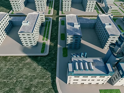 Multiple Industrial Factory Buildings With Symmetrical Layout And Green Surroundings 3d model