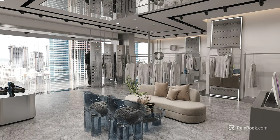 Elegant Clothing Store Interior With Clothing Racks Sofa Transparent Chairs And Decorative Plant 3d model 