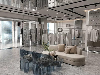 Elegant Clothing Store Interior With Clothing Racks Sofa Transparent Chairs And Decorative Plant 3d model