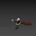3D Model Knife with Textured Blade Brown Leather Wrapped Handle and Sheath with Metal Accents