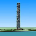 Tall Modern Office Building With Unique Lattice Structure Over Waterfront And City Skyline