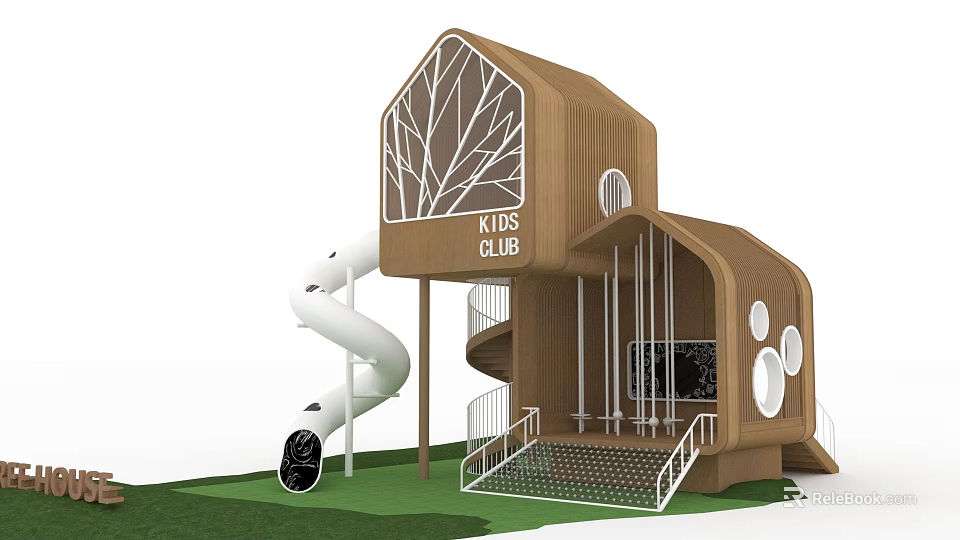Garden Landscape Featuring Kids Club Wooden Building With White Spiral Slide And Green Lawn 3d model 