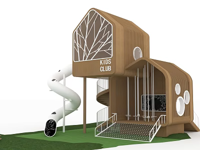 Garden Landscape Featuring Kids Club Wooden Building With White Spiral Slide And Green Lawn 3d model