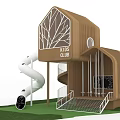 Garden Landscape Featuring Kids Club Wooden Building With White Spiral Slide And Green Lawn