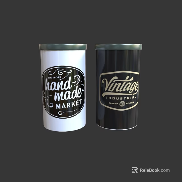 White And Black Decorative Cans Featuring Handmade And Vintage Market Designs 3d model 
