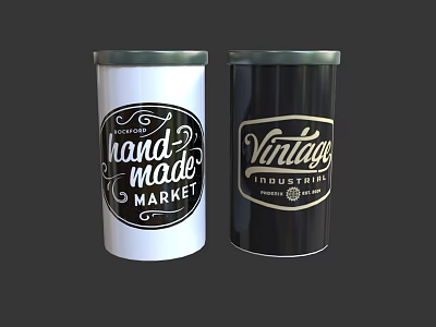 White And Black Decorative Cans Featuring Handmade And Vintage Market Designs 3d model