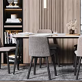 Modern Dining Table Set With Gray Chairs Chandelier And Marble Wall Decor 3d model